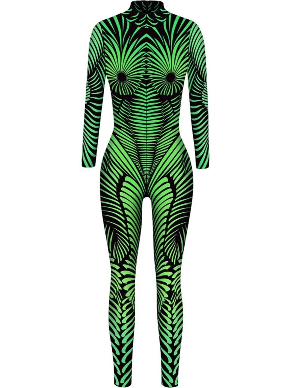 Women Green Optical Illusion Graphic Print Long Sleeve Halloween Catsuit Bodycon